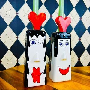 Whimsical Candle Holder Ceramic Set Hand-painted Character Face Luxury Sculpted